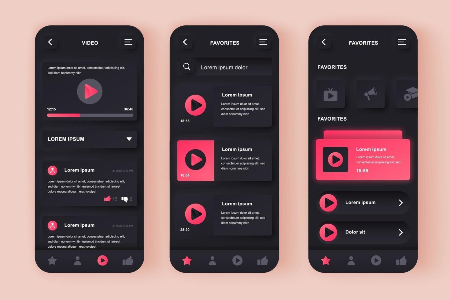 Video Tube unique neomorphic mobile app design kit vector