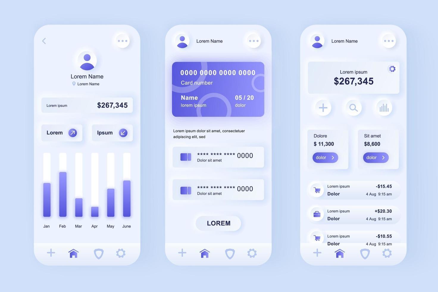 Online banking unique neomorphic mobile app design kit vector