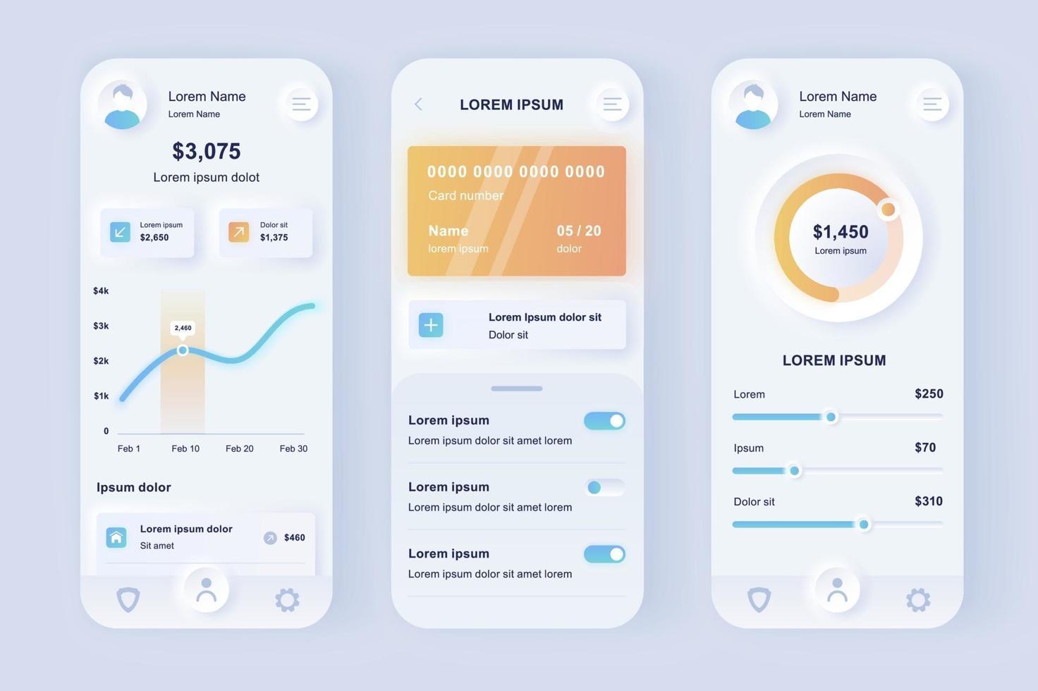 Online banking unique neomorphic mobile app design kit vector