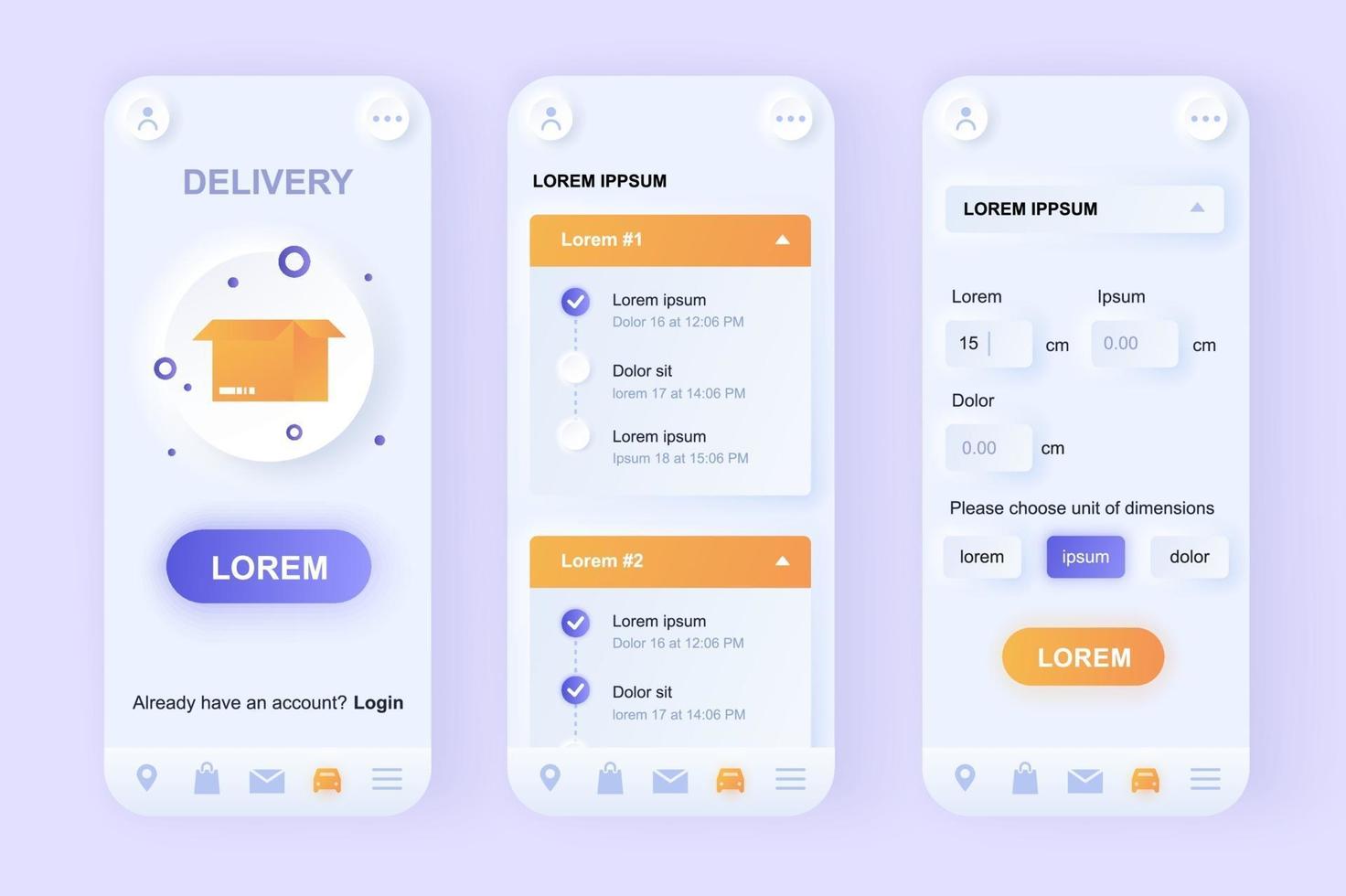 Delivery service unique neomorphic mobile app design kit vector