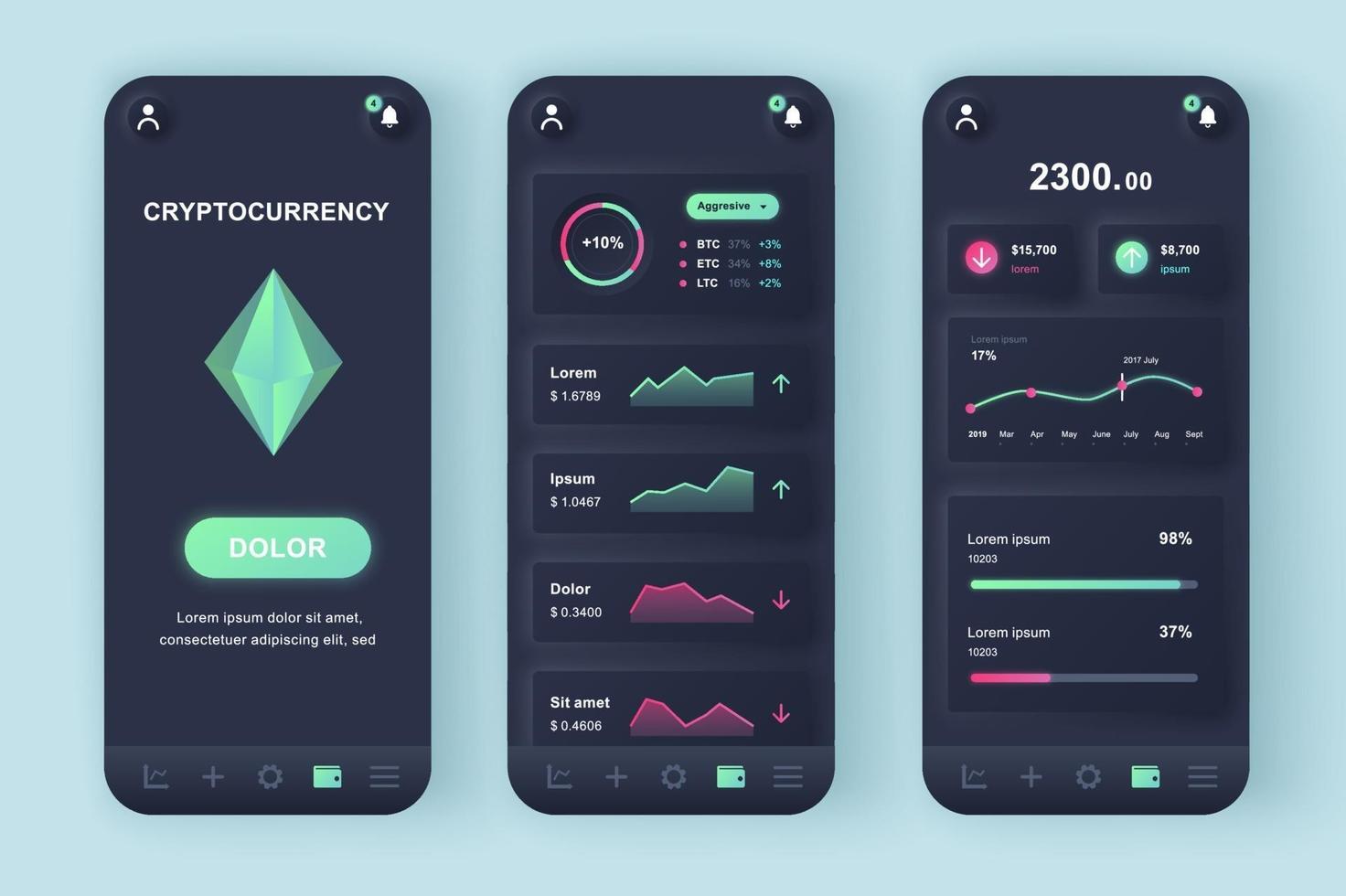 Cryptocurrency mining unique neomorphic mobile app design kit vector