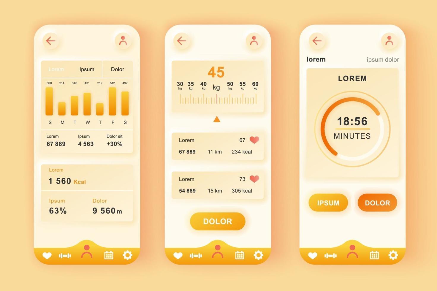 Fitness workout unique neomorphic mobile app design kit vector