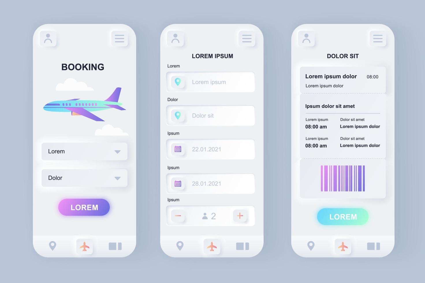 Flight booking unique neomorphic mobile app design kit vector