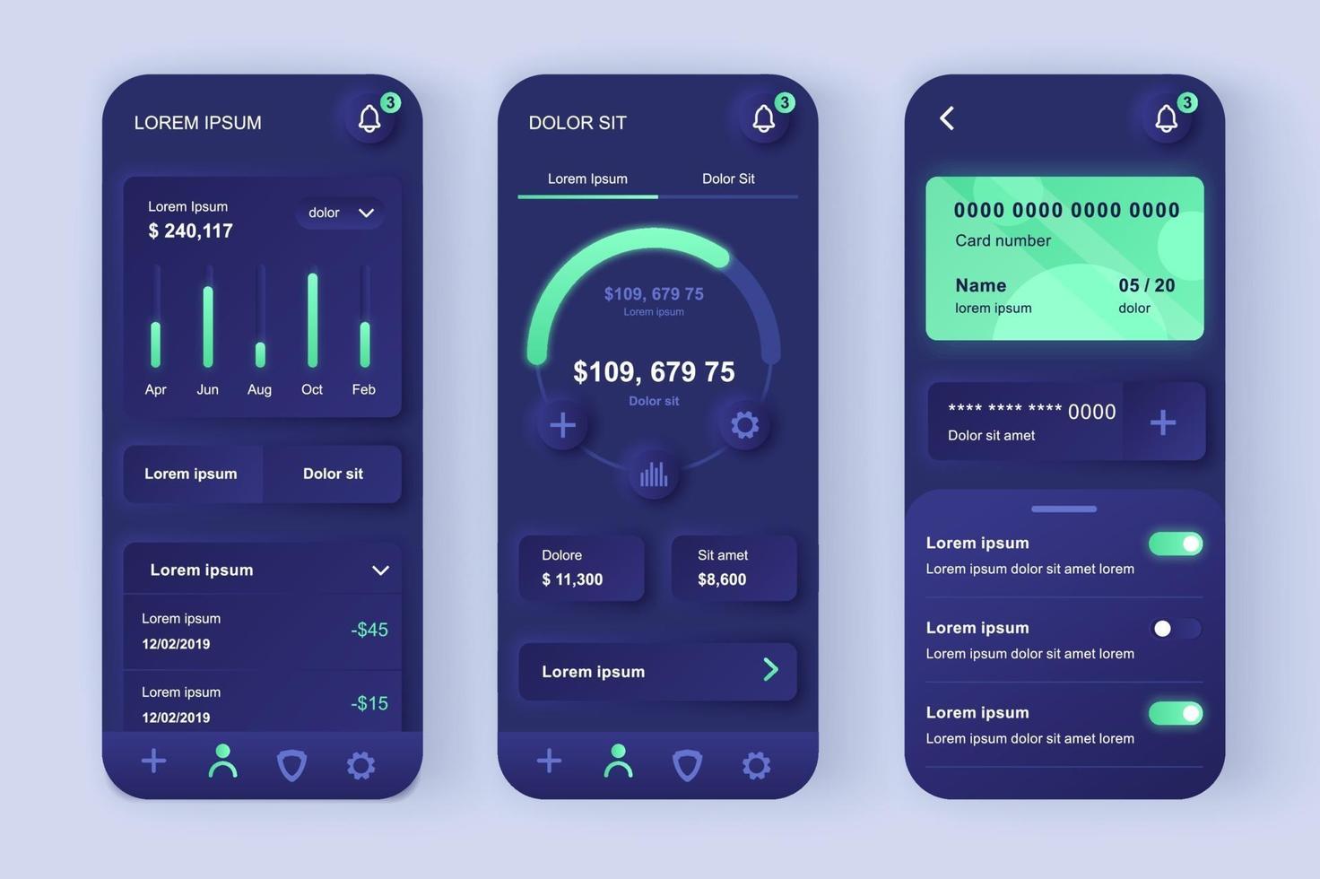 Finance services unique neomorphic mobile app design kit vector