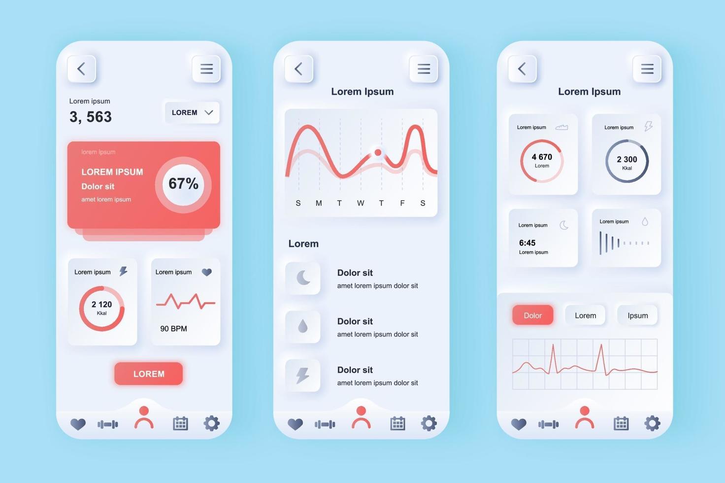 Health and activity tracking platform unique neomorphic mobile app design kit vector