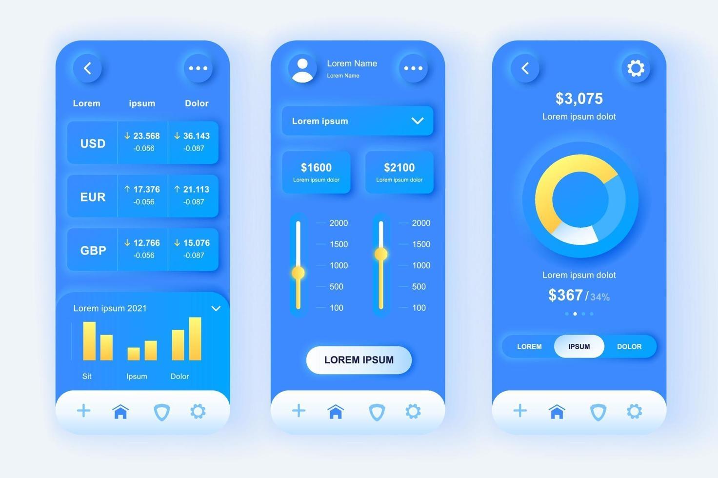 Finance services unique neomorphic mobile app design kit vector