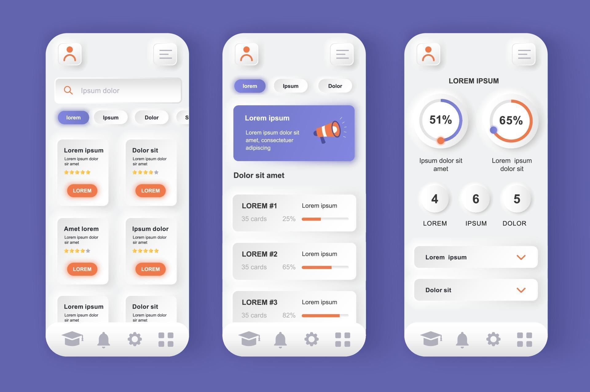 Online learning platform unique neomorphic mobile app design kit