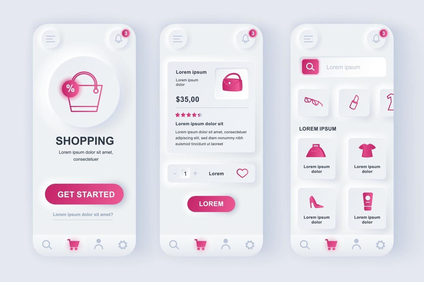 kit de diseño de aplicaciones móviles neomórficas único de compras en línea vector