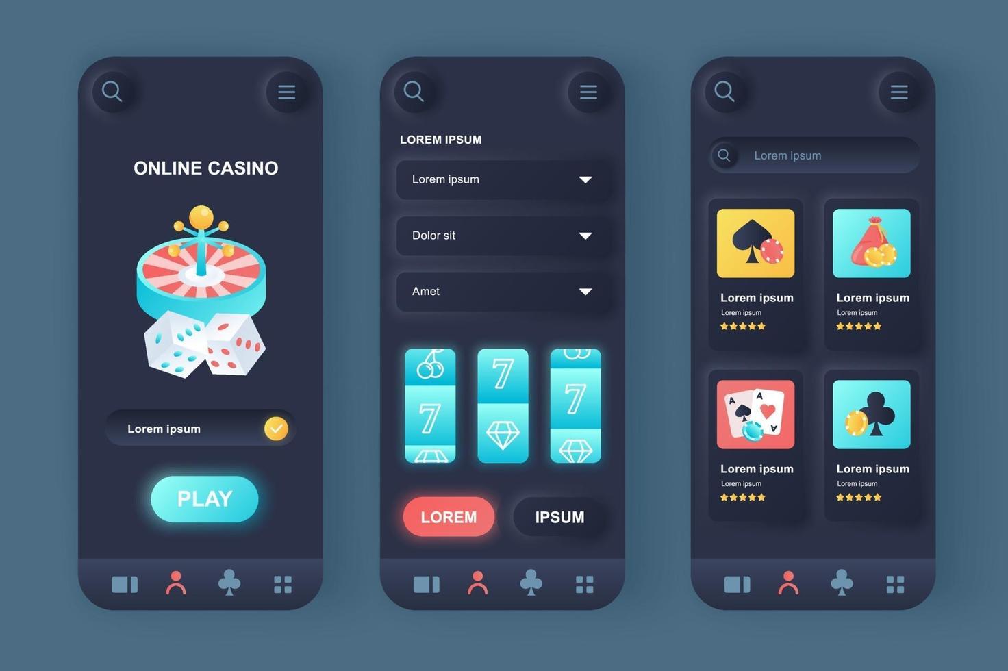 Online casino unique neomorphic mobile app design kit vector