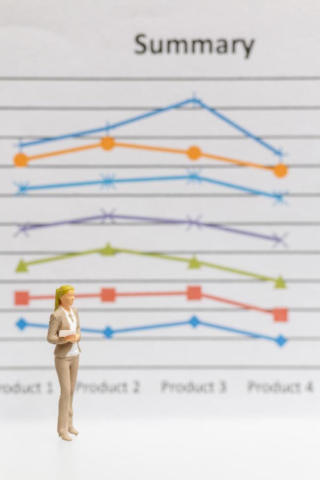 Empresaria en miniatura de pie sobre el fondo del gráfico de negocios, concepto de crecimiento empresarial foto