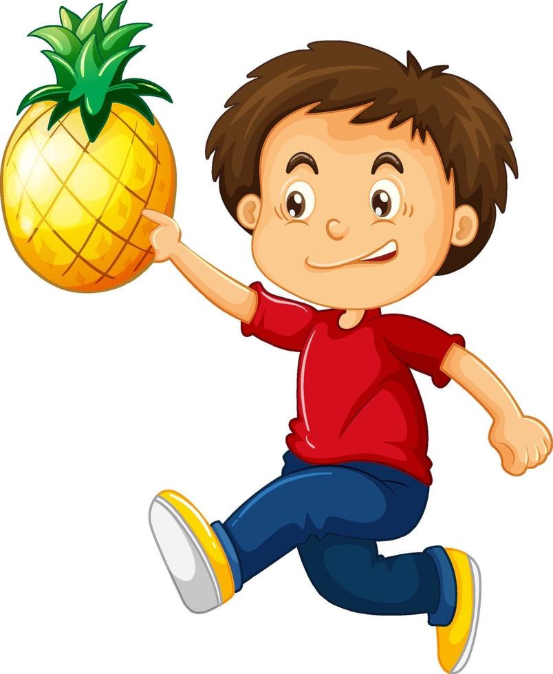 Un niño con personaje de dibujos animados de piña aislado sobre fondo blanco. vector