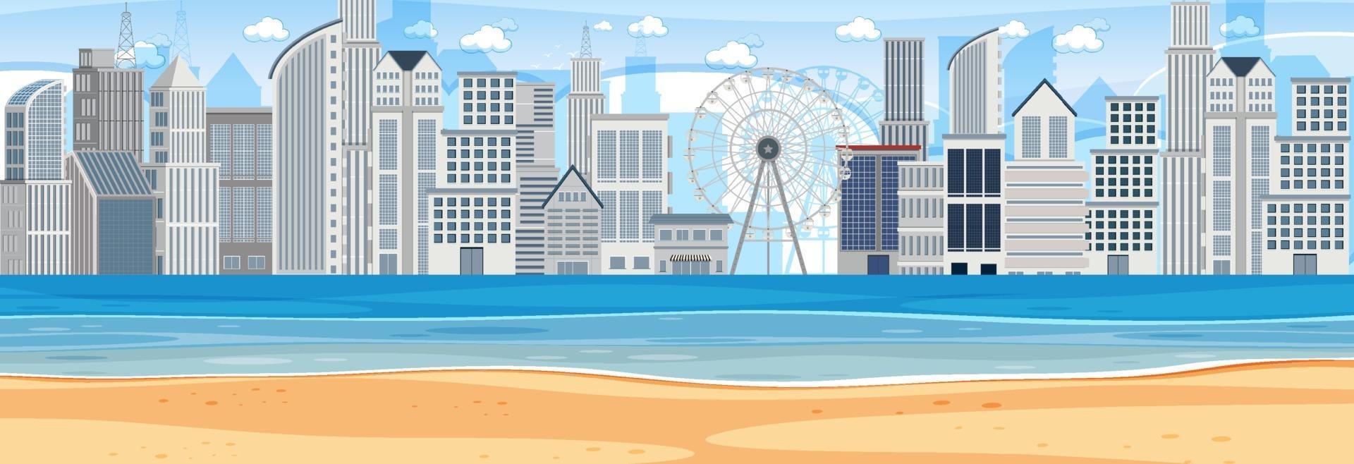 Beach horizontal scene at day time with city background vector