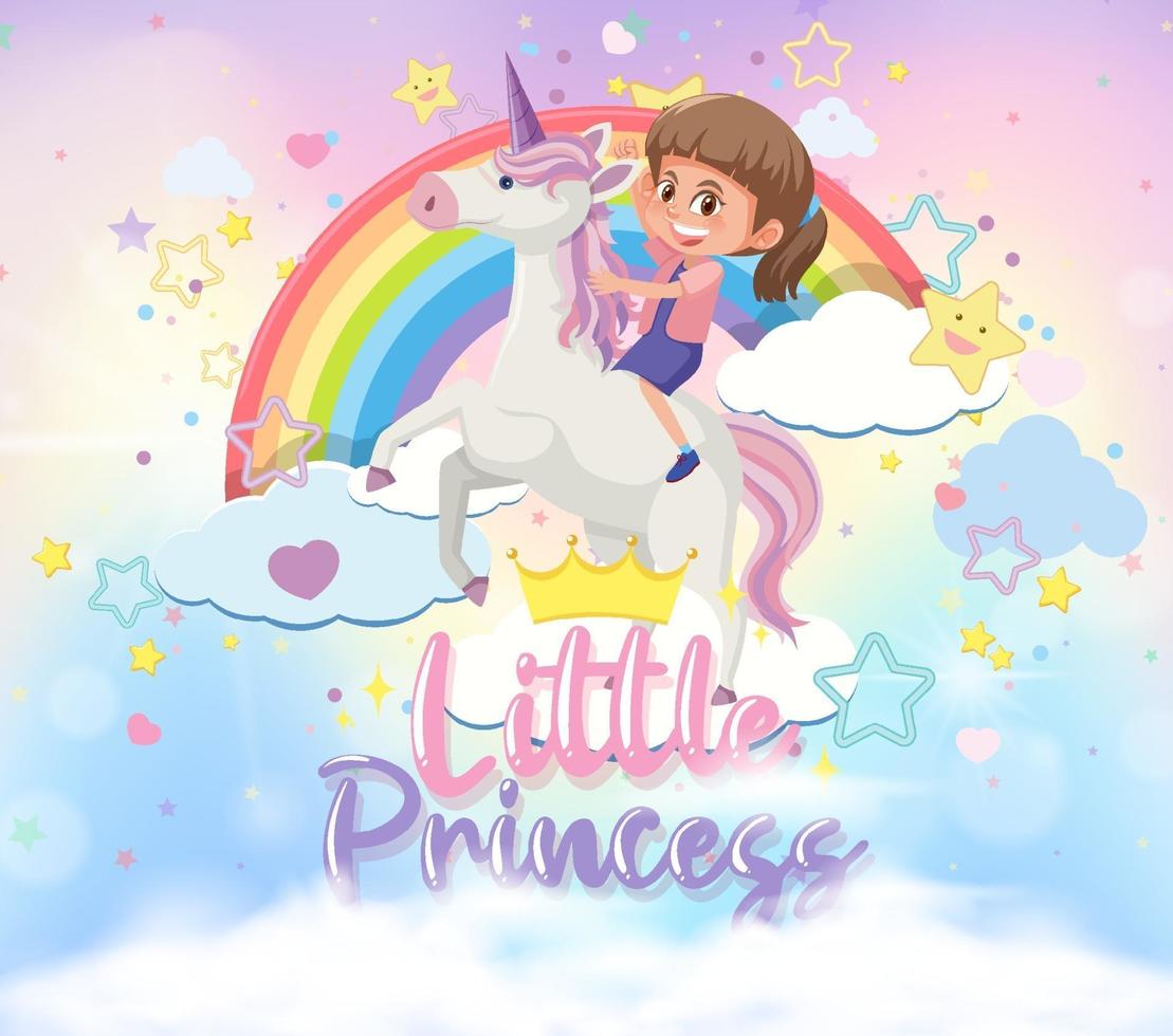 Little girl riding pegasus with little princess font in the sky vector