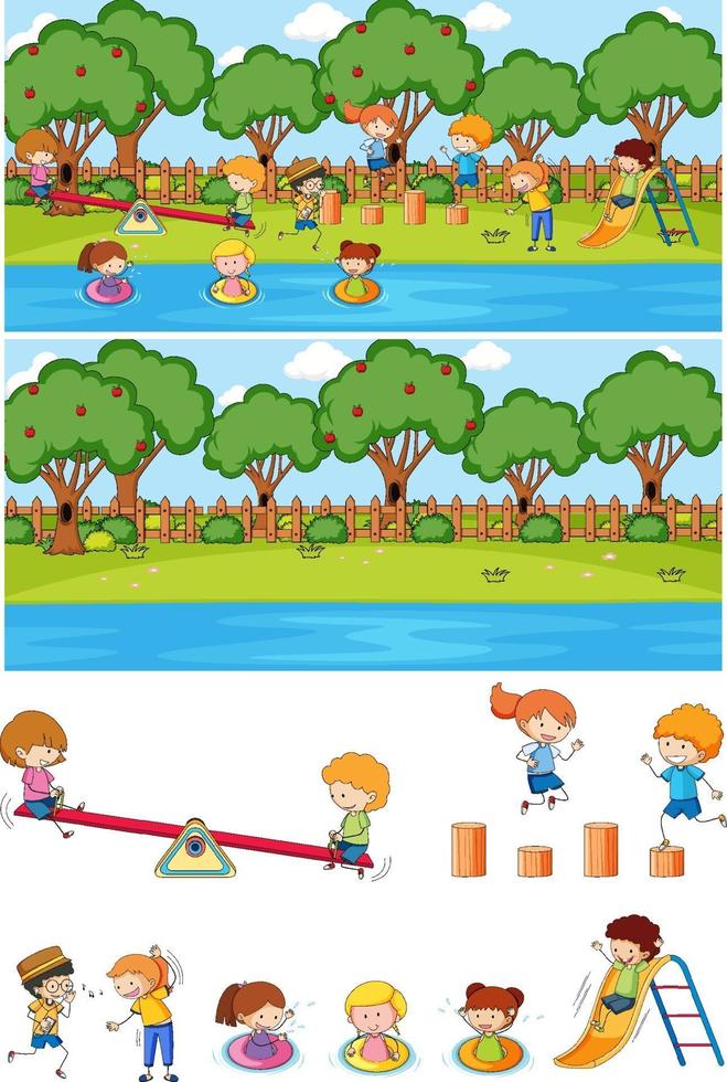 Playground scene set with many kids doodle cartoon character isolated vector