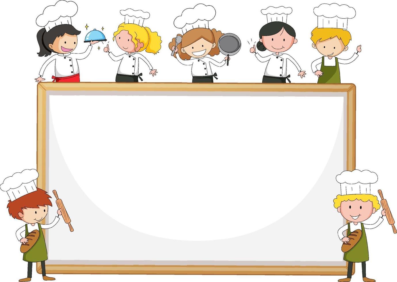 Banner vacío con muchos pequeños chefs sobre fondo blanco. vector