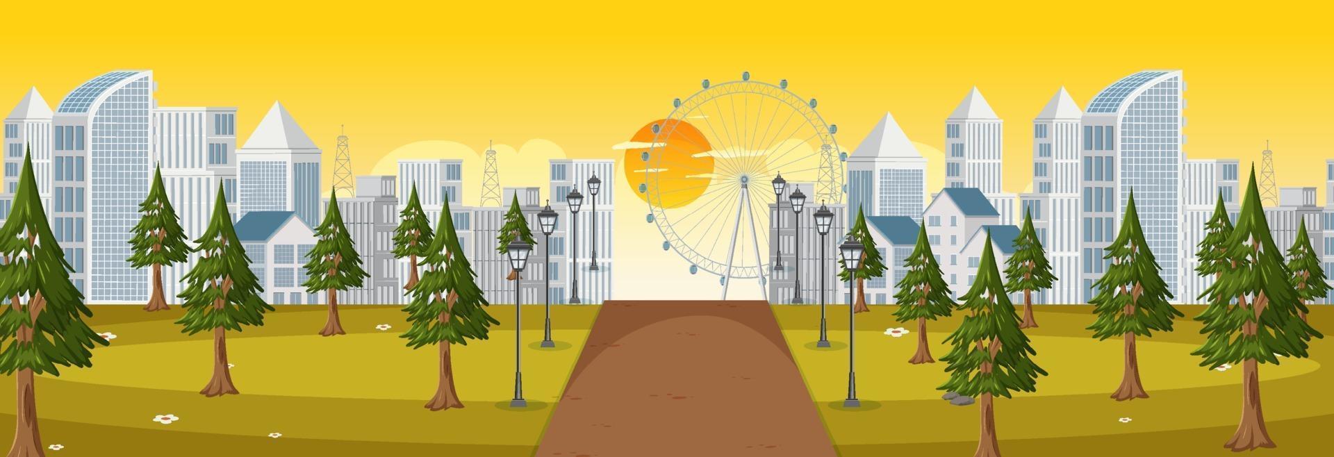 Escena horizontal con un largo camino a través del parque hacia la ciudad al amanecer. vector