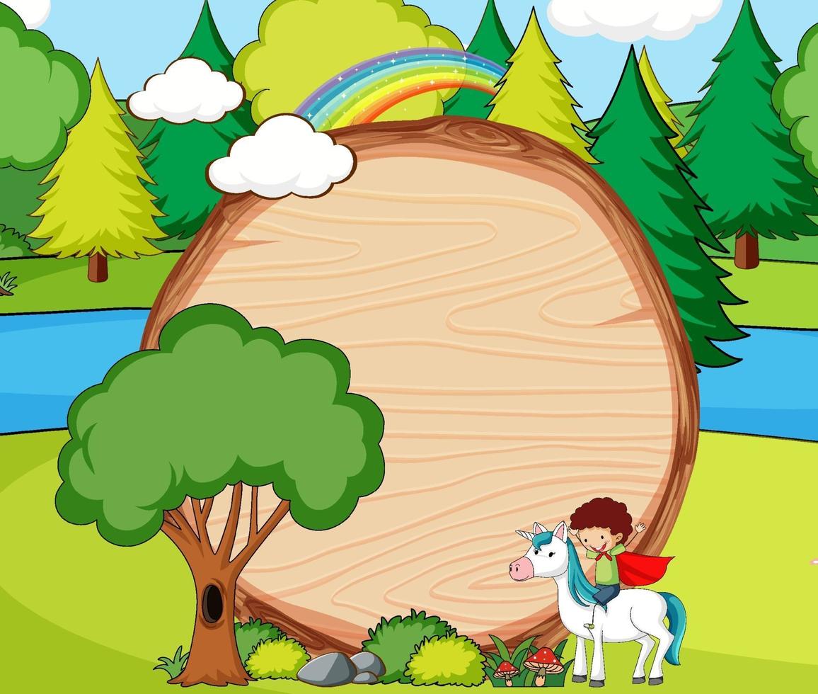 Empty wooden banner in the forest scene with fairy tale cartoon character and elements vector