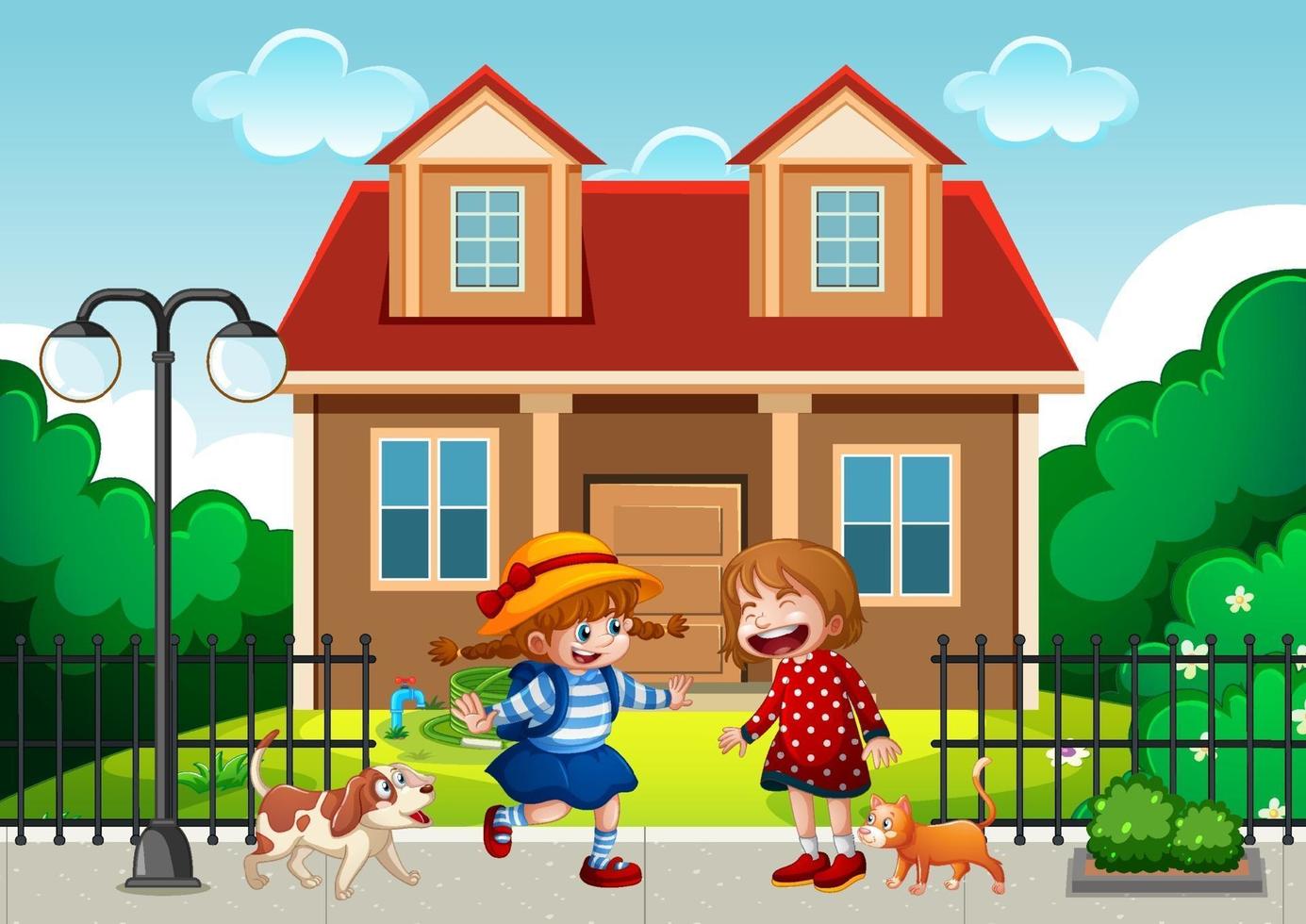 Two children standing in front of the house vector