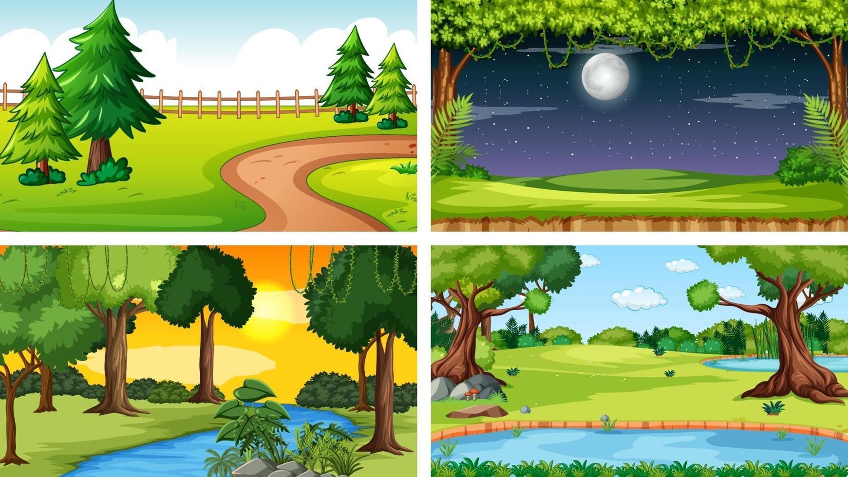 cuatro escenas diferentes de parque natural y bosque. vector