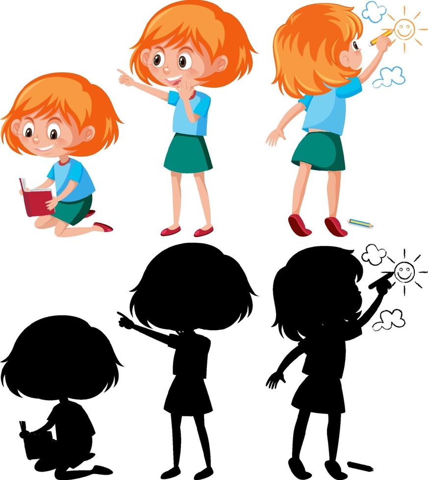 conjunto de un personaje de dibujos animados de niña en diferentes posiciones con su silueta vector