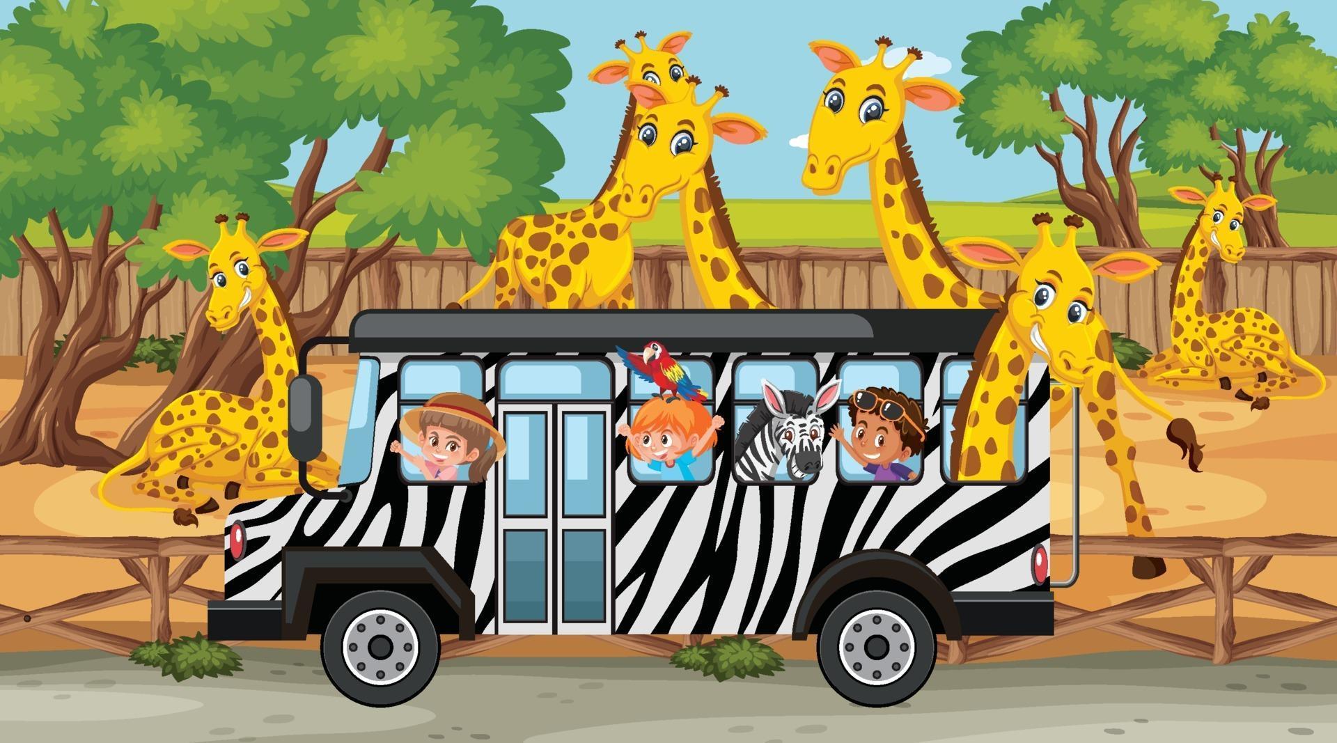 Safari scene with many giraffes and kids on tourist bus 2301534 Vector