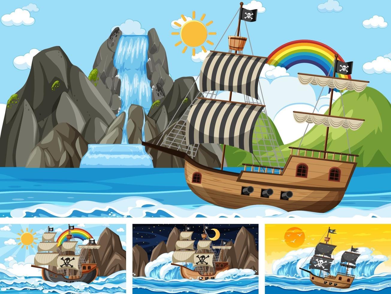 Set of ocean scenes at different times with Pirate ship in cartoon style vector