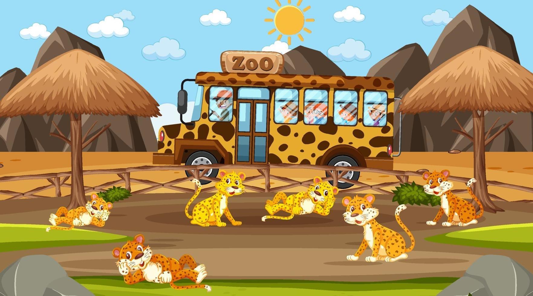 Safari en la escena diurna con muchos niños viendo un grupo de leopardos. vector