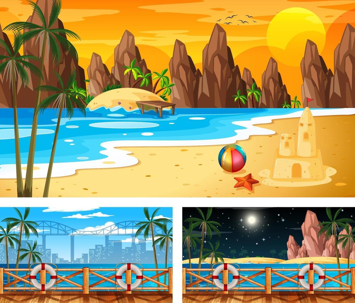 tres escenas de paisajes de playa diferentes. vector