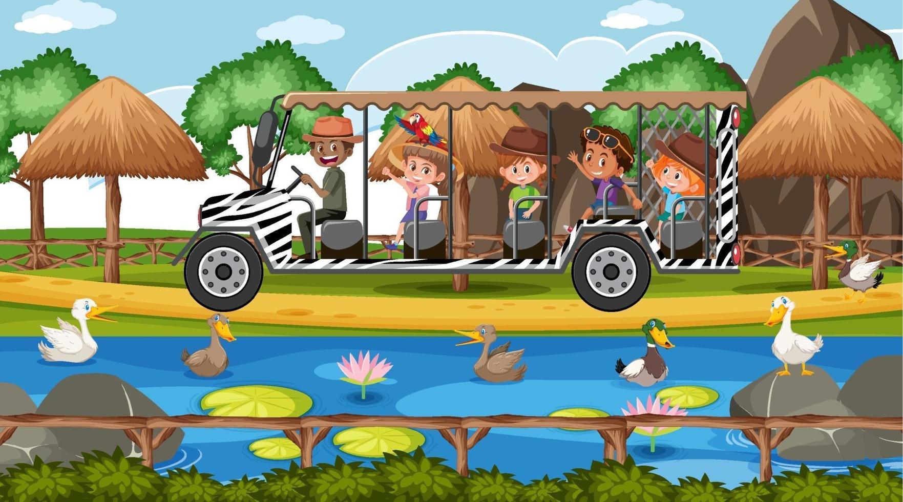 Kids tour in the Safari scene with many ducks in the pond vector