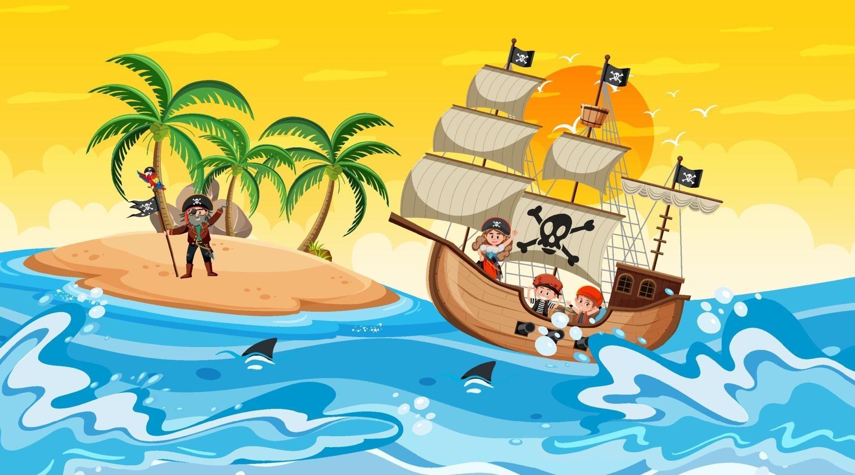 Ocean with Pirate ship at sunset scene in cartoon style vector