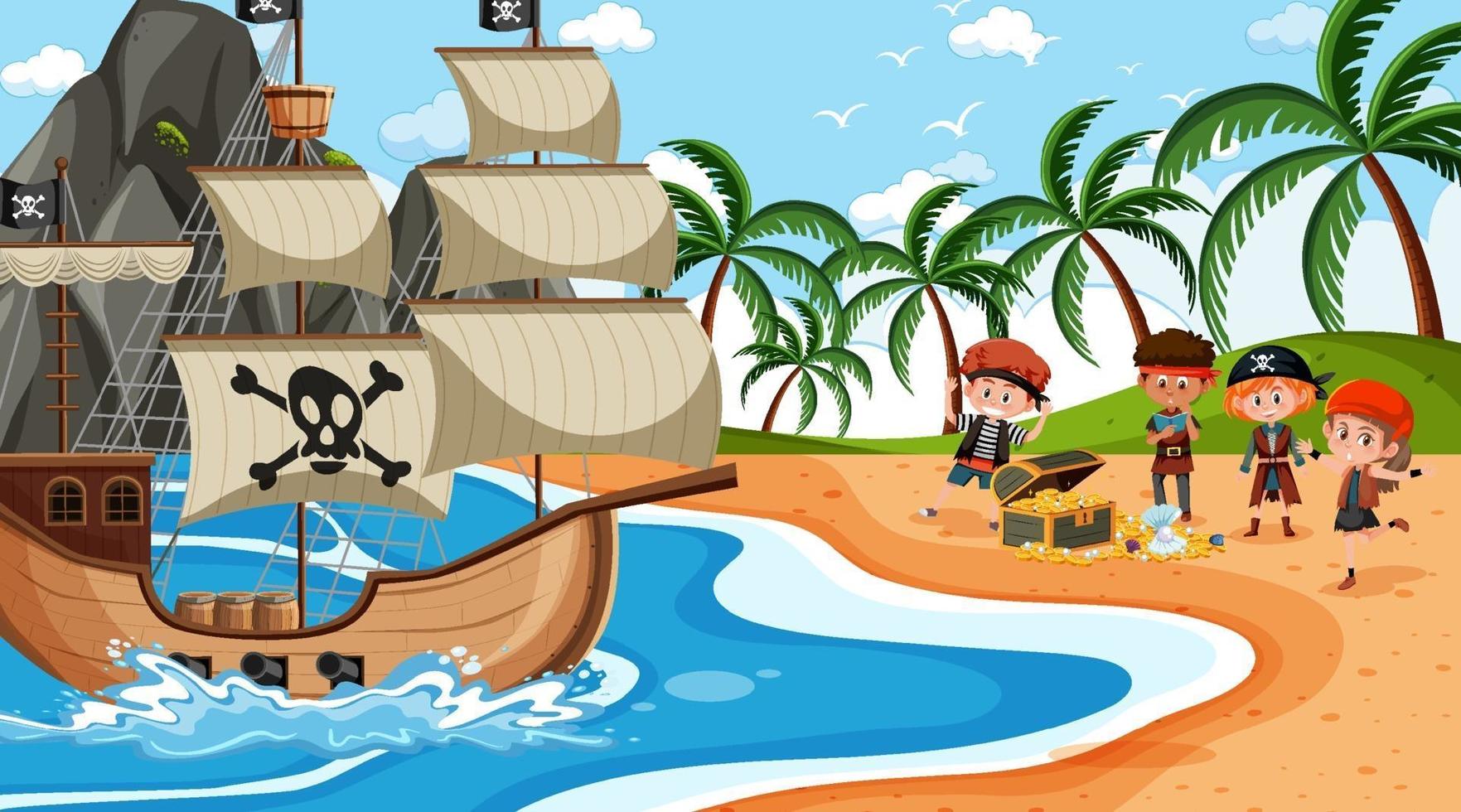 Treasure Island scene at daytime with Pirate kids vector