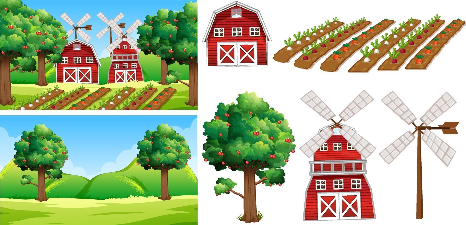 Farm element set isolated with farm scence vector