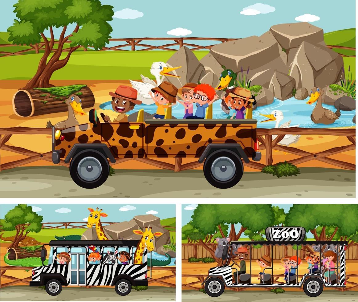 Different safari scenes with animals and kids cartoon character vector