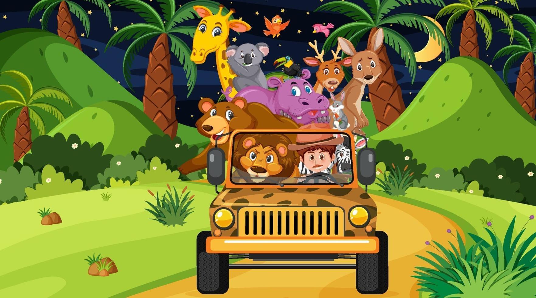 concepto de safari con animales salvajes en el coche jeep vector
