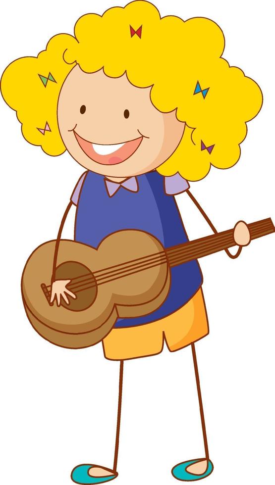 un niño doodle tocando un personaje de dibujos animados de guitarra acústica aislado vector