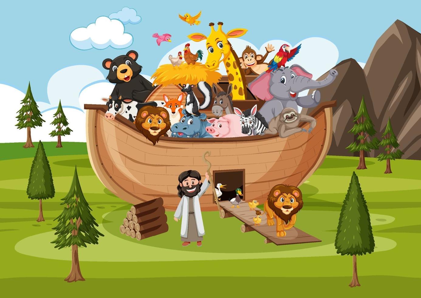 Noah Ark with wild animals in nature scene vector