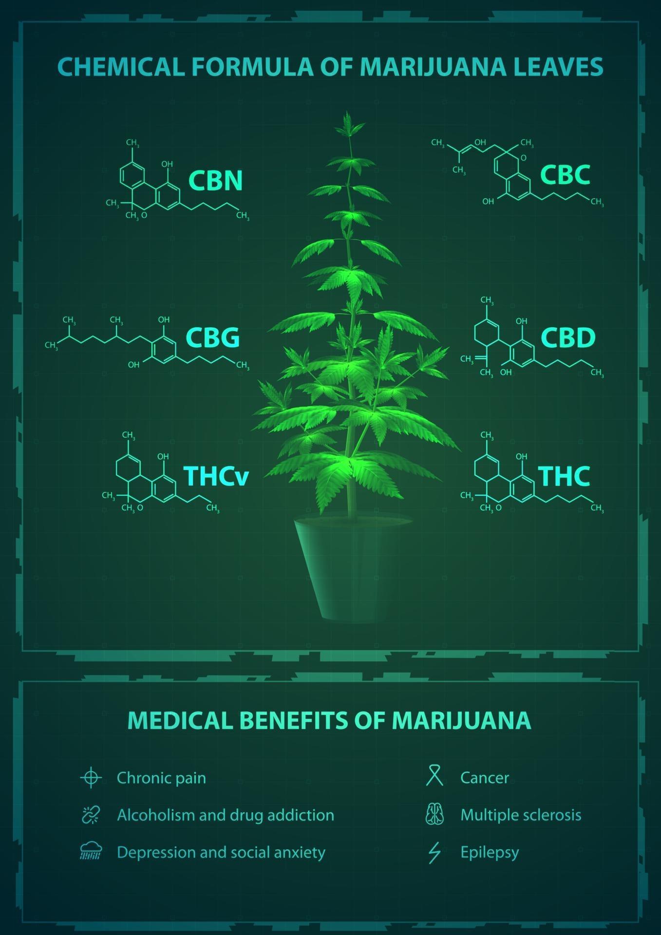 Medical benefits and chemical formulas of marijuana, green poster with