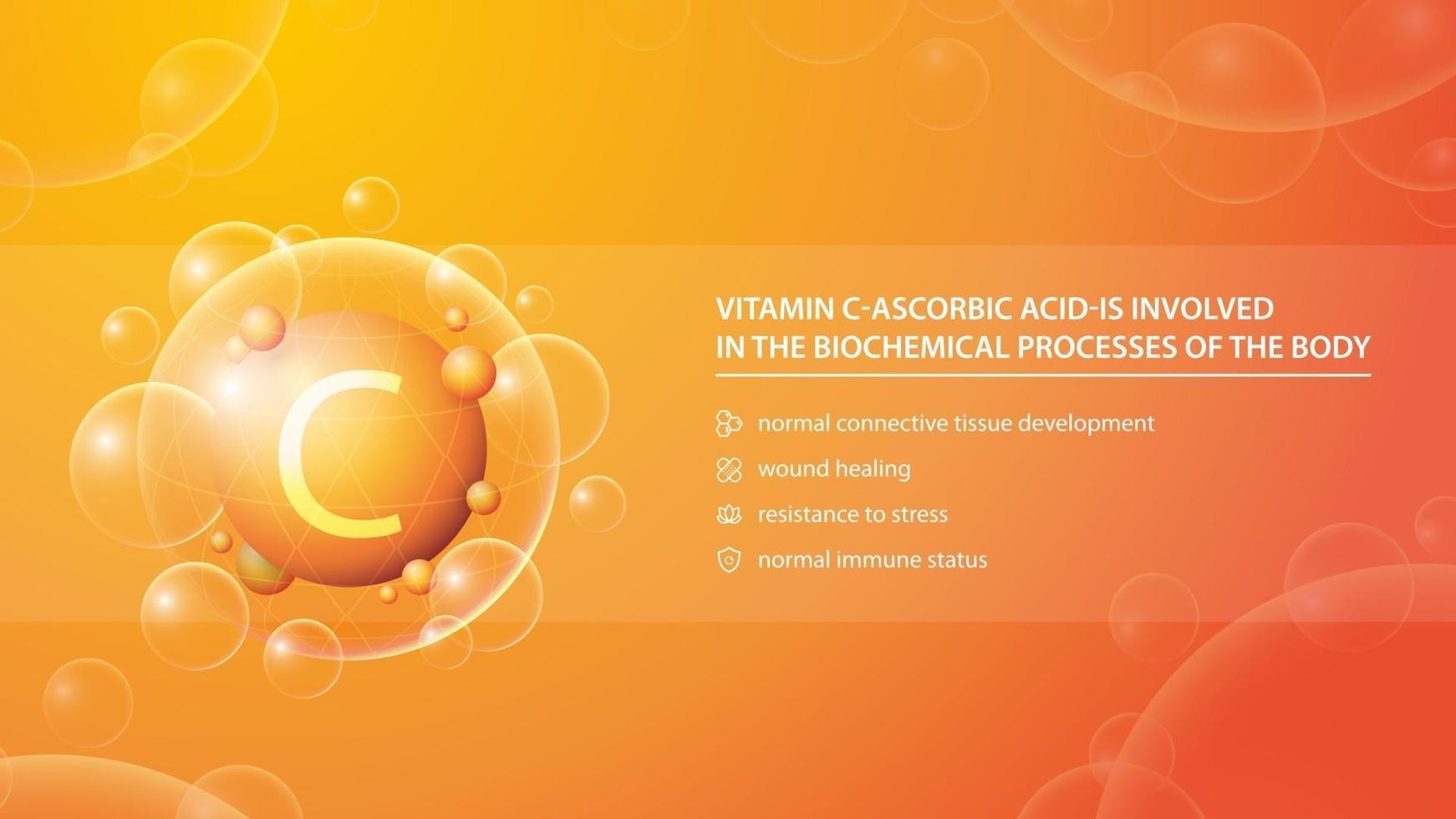 vitamina c, cartel de información naranja con cápsula dorada de medicina abstracta y lista de beneficios para la salud vector