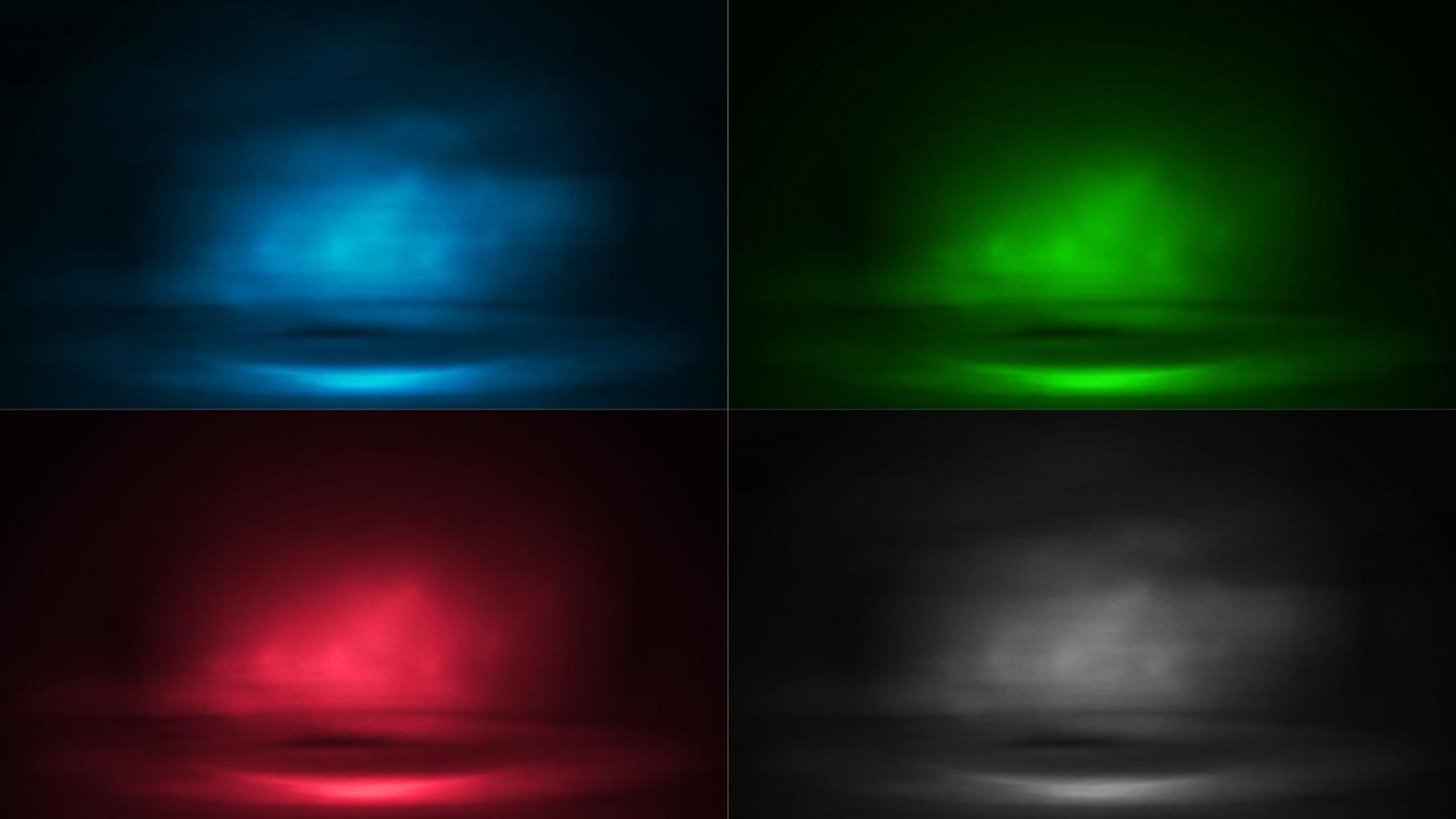 Set of digital scenes with fog and rays of lighting. Blue, green, pink and gray digital neon scenes vector