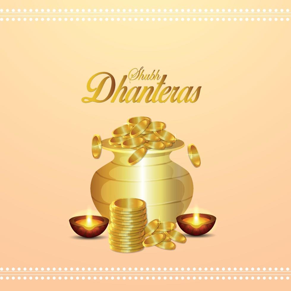 tarjeta de felicitación de invitación shubh dhanteras, festival indio de dhanteras con olla creativa de monedas de oro vector