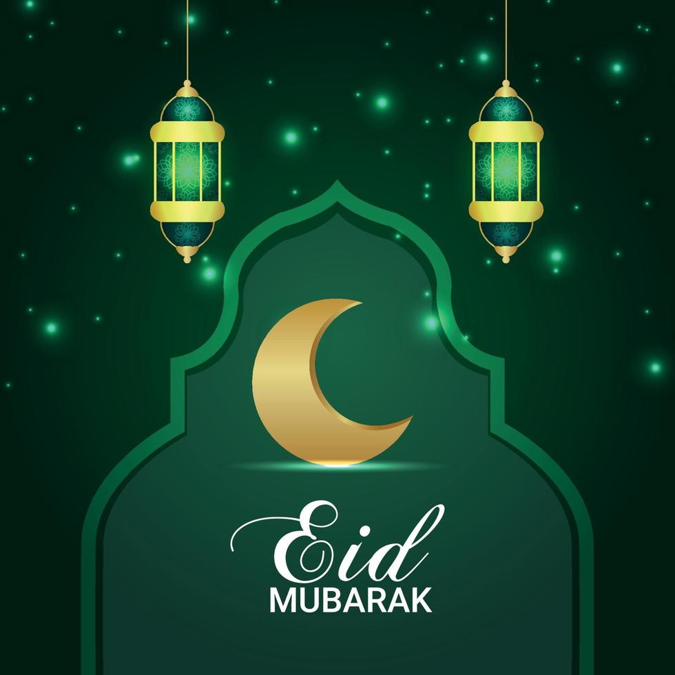 Ilustración de vector de invitación de eid mubarak de luna dorada y linterna