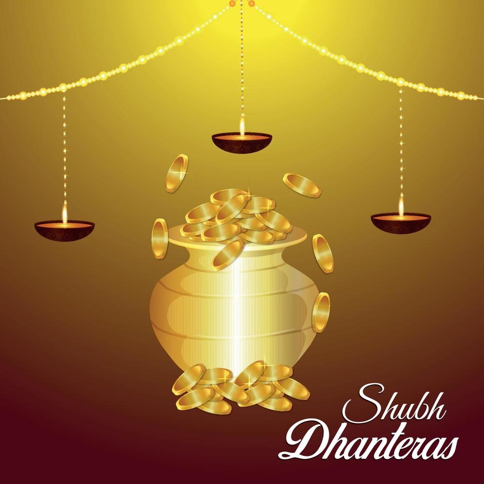 Happy diwali vector illustration of gold coin pot with lotus flower