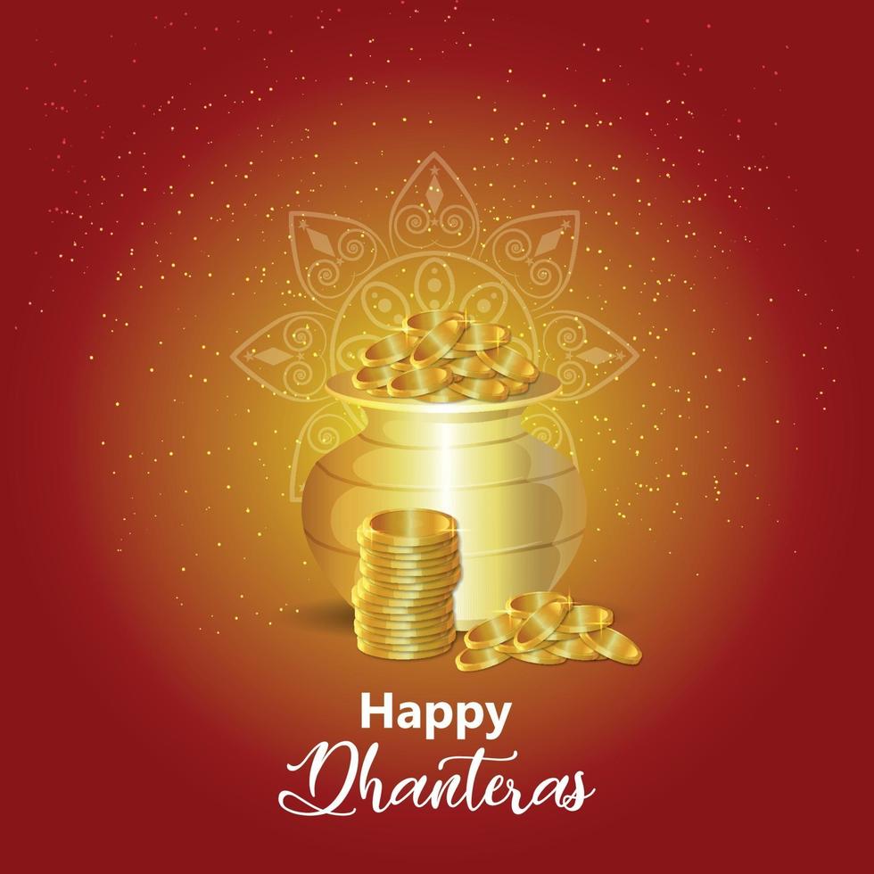Happy dhanteras celebration greeting card with gold coin pot with diwali diya on creative background vector
