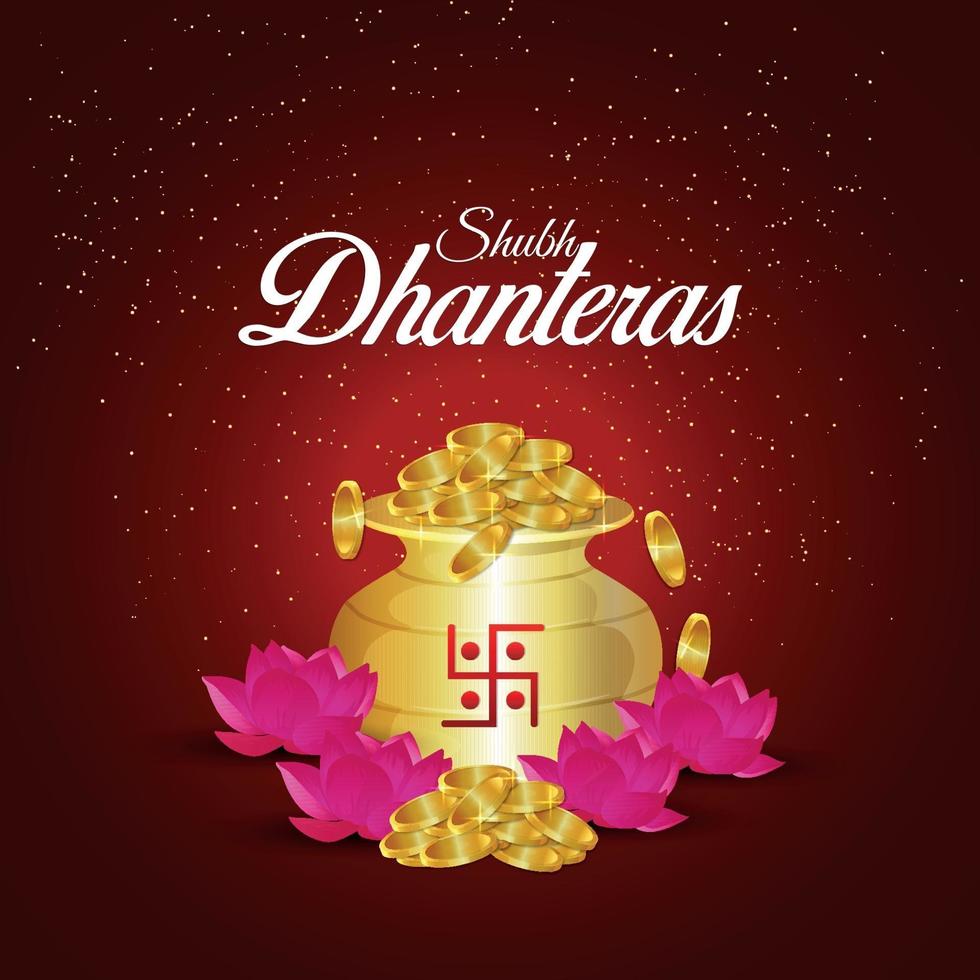Happy diwali vector illustration of gold coin pot with lotus flower