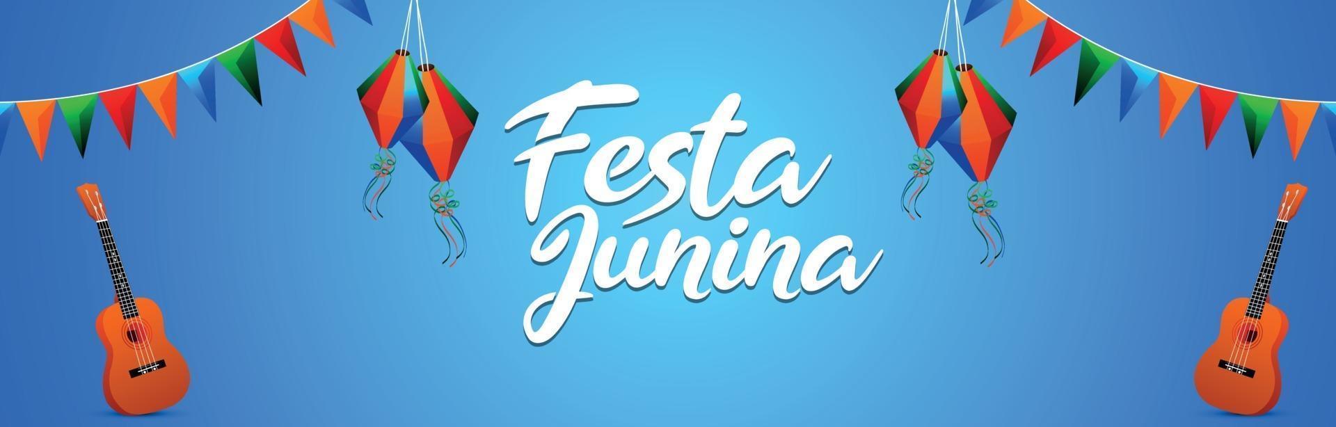 banner de invitación de festa junina con bandera de fiesta colorida y linterna de papel vector