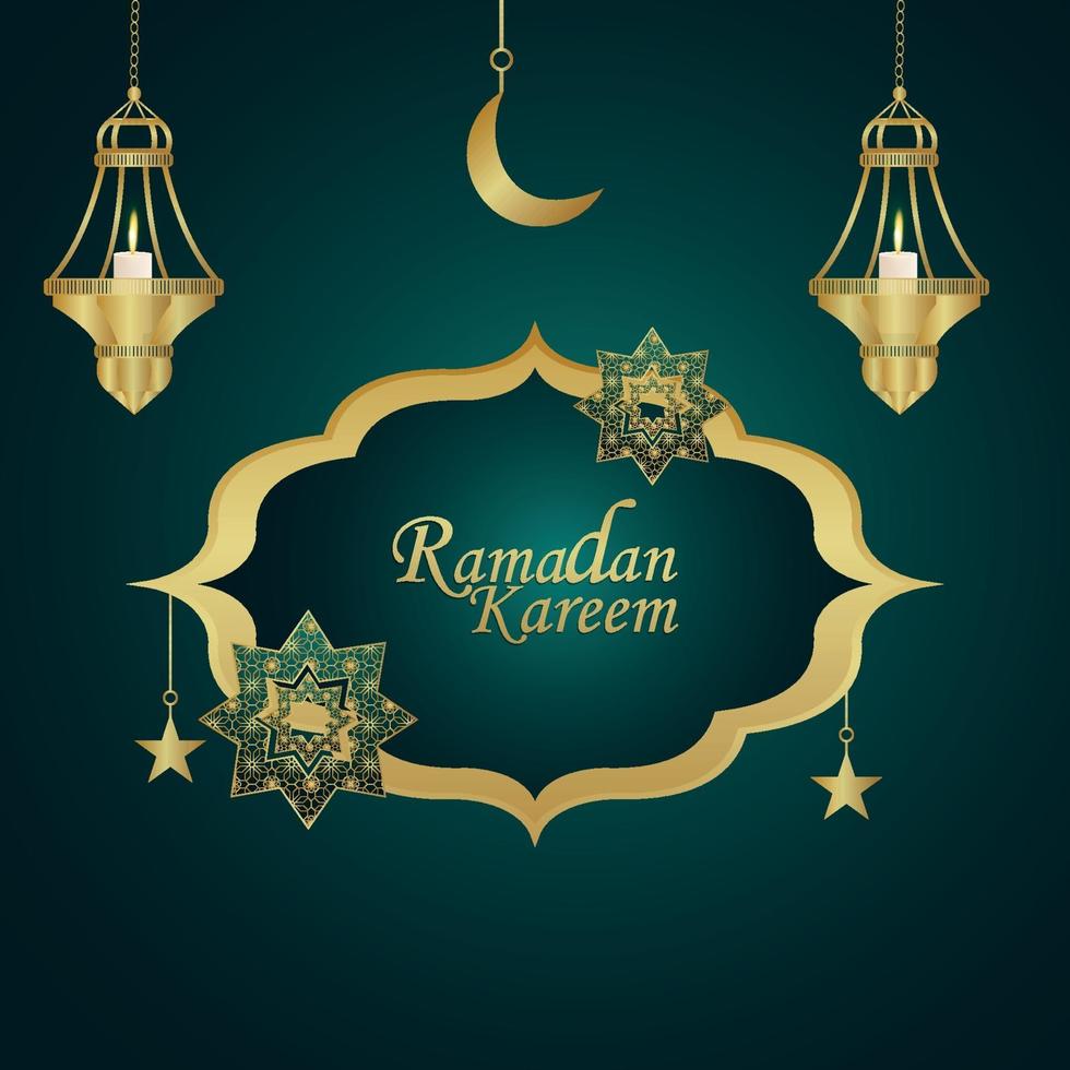 Ramadan kareem invitation greeting card with creative golden lantern with arabic pattern background vector