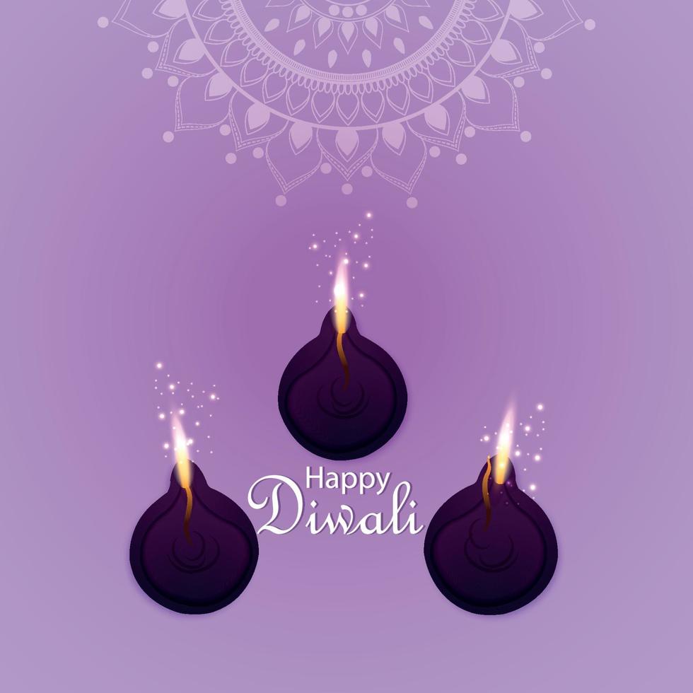Vector illustration of happy diwali invitation greeting card with creative vector oil lamp on purple background