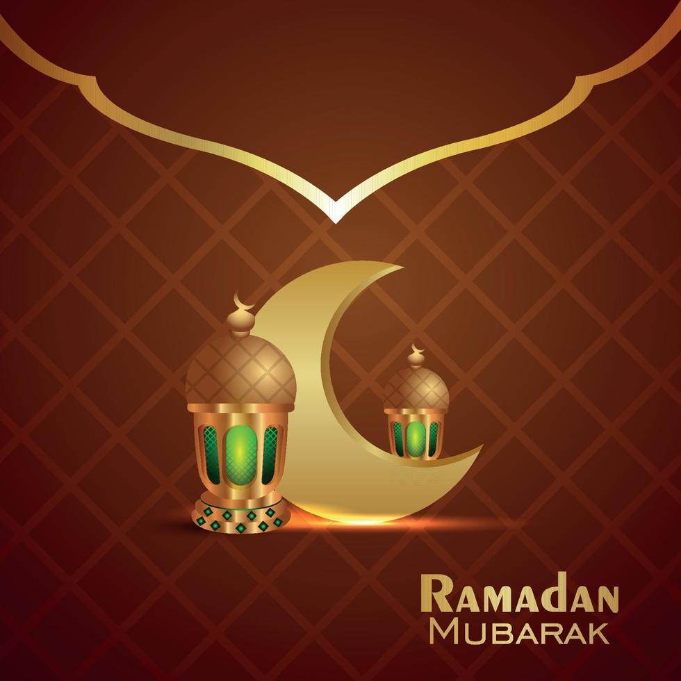 Ramadan kareem celebration greeting card with vector illustration of golden moon and realistic lantern