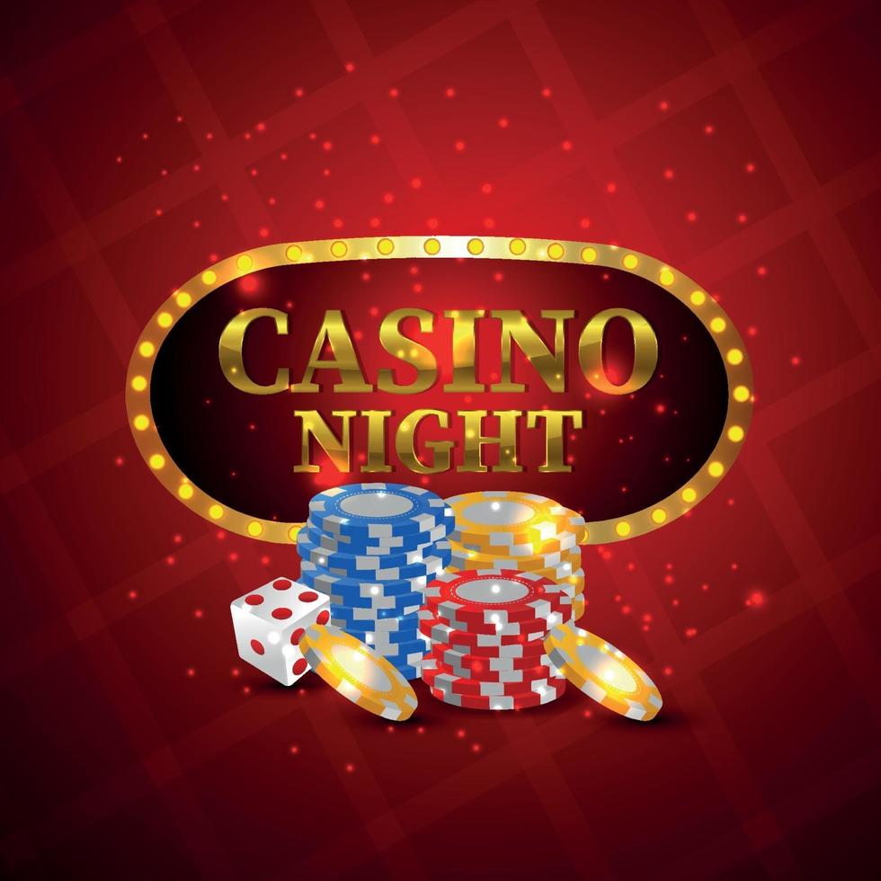 Casino gambling game with gold coin, chips and dice on red background vector