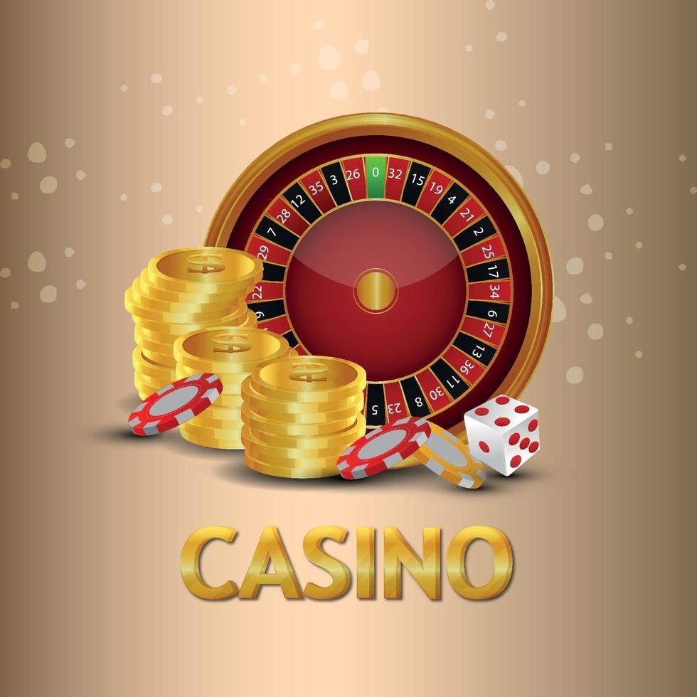 efecto de texto dorado del juego de apuestas de casino con moneda de oro, ruleta y fichas de casino vector